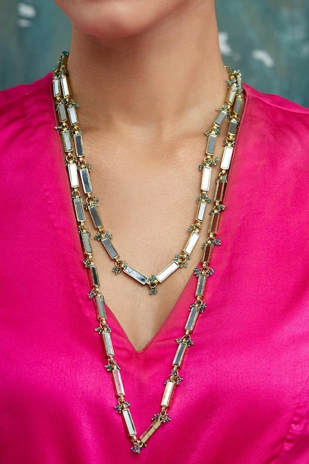 Shop House Of Tuhina Gold Plated Mirror Studded Qabeela Long Neckstring at Aza Fashions Shop_House Of Tuhina_Gold Plated Mirror Studded Qabeela Long Neckstring _at_Aza_Fashions