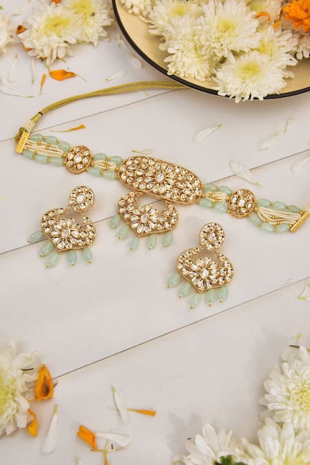 Shop_Swabhimann_Blue Diamonds, Pearls Bead Drop Choker Set _at_Aza_Fashions