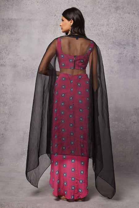 Senren By Eshana Raut Sheer Cape & Geometric Motif Print Skirt Set 