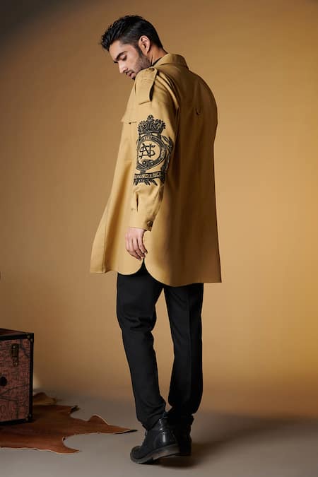 Shop_S & N By Shantnu Nikhil_Beige Faux Leather, Suede Embroidery Hand-crafted Crest Overcoat _at_Aza_Fashions