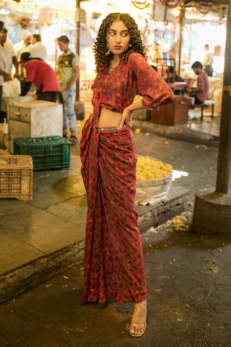 Shop_Shachi Sood_Red Dupion Silk Resham V Neck Embroidered Sleeved Top And Skirt Set _at_Aza_Fashions