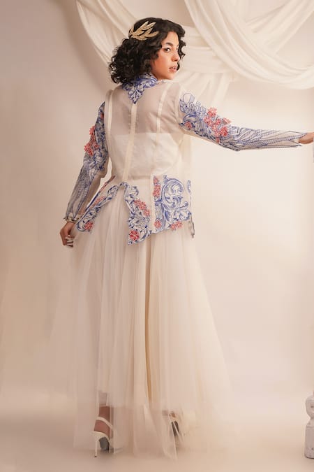 Shop Jajaabor Ivory Silk Organza Embroidery Athena Cowl Neck Full Sleeve Jacket at Aza Fashions Shop_Jajaabor_Ivory Silk Organza Embroidery Athena Cowl Neck Full Sleeve Jacket _at_Aza_Fashions