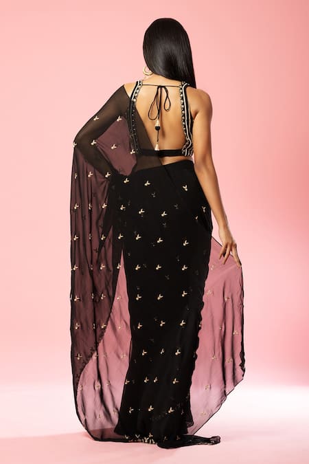 Shop Quench A Thirst Black Georgette Cut Work Scoop Neck Pre-stitched Saree With Embroidered Blouse at Aza Fashions Shop_Quench A Thirst_Black Georgette Cut Work Scoop Neck Pre-stitched Saree With Embroidered Blouse _at_Aza_Fashions