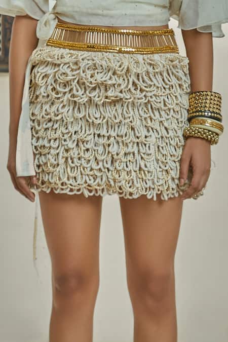 Shop Surily G Ivory Chanderi Embellished Rope Loop Effect Skirt at Aza Fashions Shop_Surily G_Ivory Chanderi Embellished Rope Loop Effect Skirt _at_Aza_Fashions