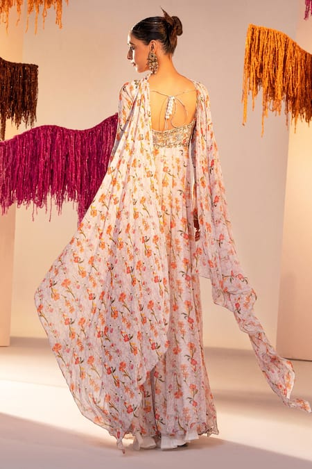 Shop Silky Bindra White Georgette Sequins, Crystals Floral Print Anarkali With Choker Dupatta at Aza Fashions Shop_Silky Bindra_White Georgette Sequins, Crystals Floral Print Anarkali With Choker Dupatta _at_Aza_Fashions