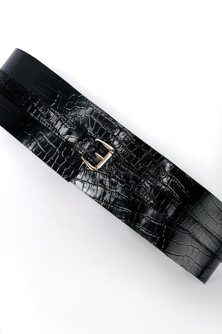 Shop Trov Black Luca Croc Embossed Buckle Belt at Aza Fashions Shop_Trov_Black Luca Croc Embossed Buckle Belt _at_Aza_Fashions