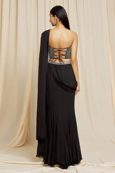Shop Izzumi Mehta Black Georgette Stripe Sweetheart Neck Embroidered Pre-draped Skirt Saree at Aza Fashions Shop_Izzumi Mehta_Black Georgette Stripe Sweetheart Neck Embroidered Pre-draped Skirt Saree _at_Aza_Fashions