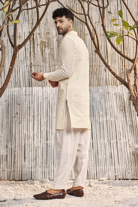 Shop Charkhee Ivory , Satin Embroidery Schiffli Straight Kurta And Salwar Set at Aza Fashions Shop_Charkhee_Ivory , Satin Embroidery Schiffli Straight Kurta And Salwar Set_at_Aza_Fashions