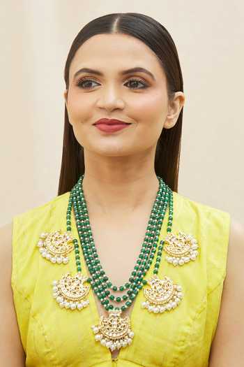 Shop Just Shradhas Gold Plated Mutli Beaded Crescent Pendant Necklace at Aza Fashions Shop_Just Shradhas_Gold Plated Mutli Beaded Crescent Pendant Necklace _at_Aza_Fashions