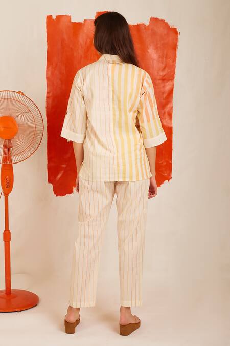 Shop Banana Labs White Cotton Hand Block Print Striped Collared Neck Zesty Shirt at Aza Fashions Shop_Banana Labs_White Cotton Hand Block Print Striped Collared Neck Zesty Shirt_at_Aza_Fashions