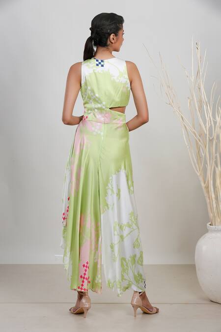Shop_Garo_Off White Modal, Satin Tassels Round Neck Geometric Pattern Cowl Jumpsuit _at_Aza_Fashions
