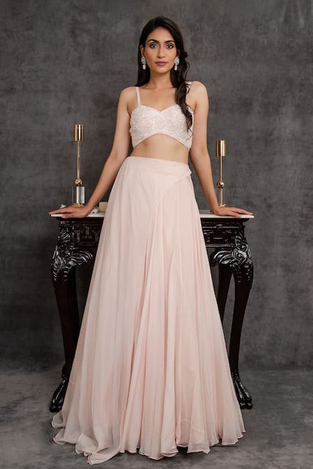 Shop Sunita Bhandari Pink Viscose, Organza Sequins, Beads Sweetheart Asymmetric Lehenga And Blouse Set at Aza Fashions Shop_Sunita Bhandari_Pink Viscose, Organza Sequins, Beads Sweetheart Asymmetric Lehenga And Blouse Set _at_Aza_Fashions