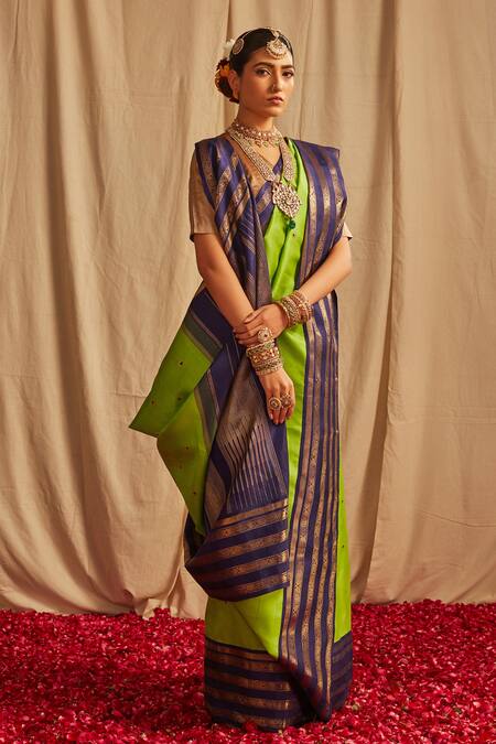 Shop_Paaprika_Green Kota Doria Zari Round Neck Handwoven Kanjivaram Silk Saree_at_Aza_Fashions