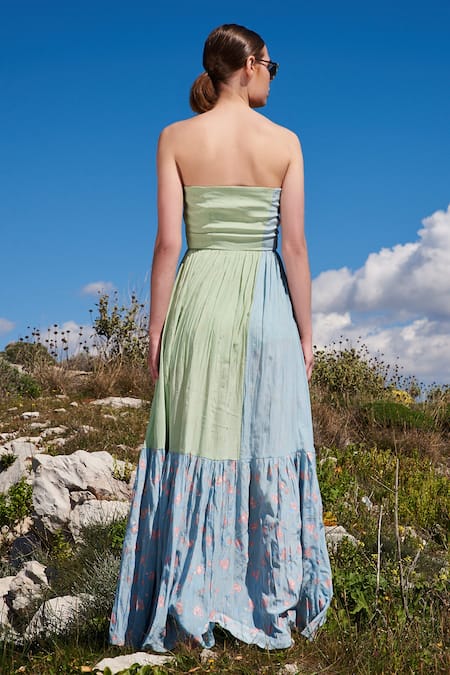 Shop Shruti Sancheti Multi Color Crepe Embroidery Bandeau Neck Floral Print Maxi Dress at Aza Fashions Shop_Shruti Sancheti_Multi Color Crepe Embroidery Bandeau Neck Floral Print Maxi Dress _at_Aza_Fashions