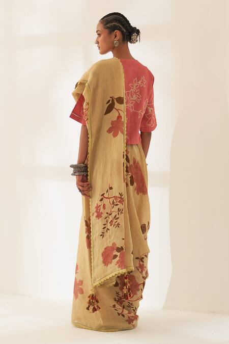 Shop Kasturi Kundal Brown Linen Embroidery Round Pushpa Pure Handloom Saree With Unstitched Blouse at Aza Fashions Shop_Kasturi Kundal_Brown Linen Embroidery Round Pushpa Pure Handloom Saree With Unstitched Blouse _at_Aza_Fashions