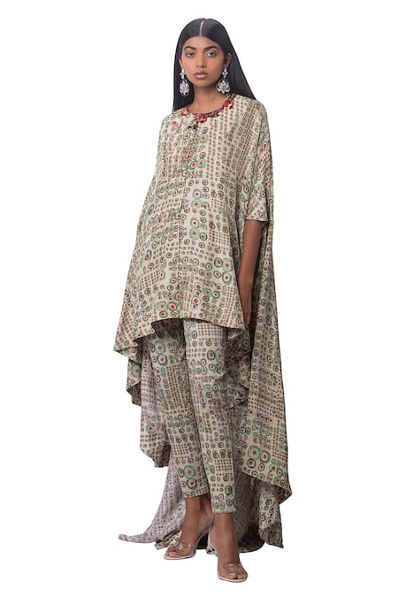 Shop_AK-OK_Multi Color Silk And Embroidery Geometric Cape & Pant Set  _at_Aza_Fashions