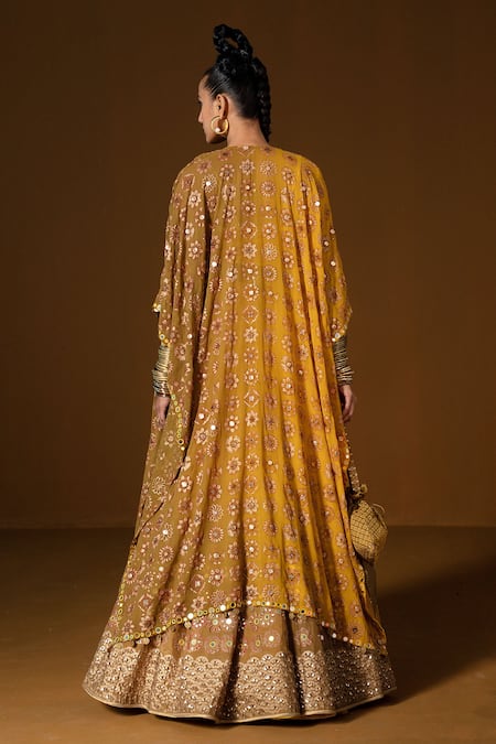 Shop Pooja Rajgarhia Gupta Yellow Silk, Georgette Embroidery, Mirrors, Sequins Kesar Ombre Cape Lehenga Set at Aza Fashions Shop_Pooja Rajgarhia Gupta_Yellow Silk, Georgette Embroidery, Mirrors, Sequins Kesar Ombre Cape Lehenga Set _at_Aza_Fashions