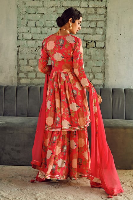 Karaj Jaipur Pink Muslin, Chiffon Embroidery Split V-neck Floral Print Anarkali Sharara Set Online at Aza Fashions Karaj Jaipur_Pink Muslin, Chiffon Embroidery Split V-neck Floral Print Anarkali Sharara Set _Online_at_Aza_Fashions
