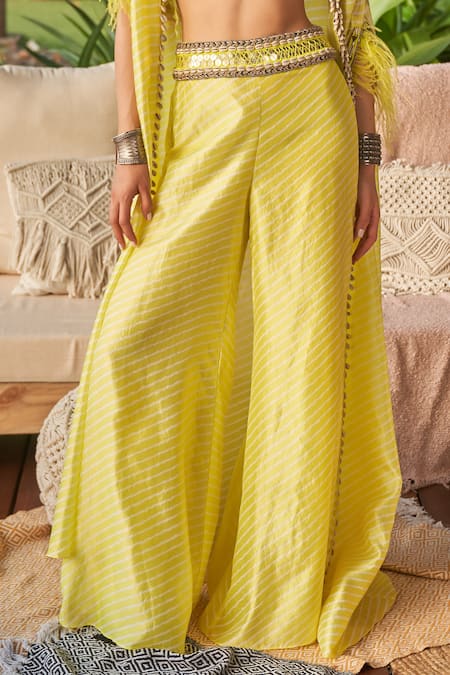 Shop Surily G Yellow Silk Printed Leheriya Flared Pant at Aza Fashions Shop_Surily G_Yellow Silk Printed Leheriya Flared Pant _at_Aza_Fashions