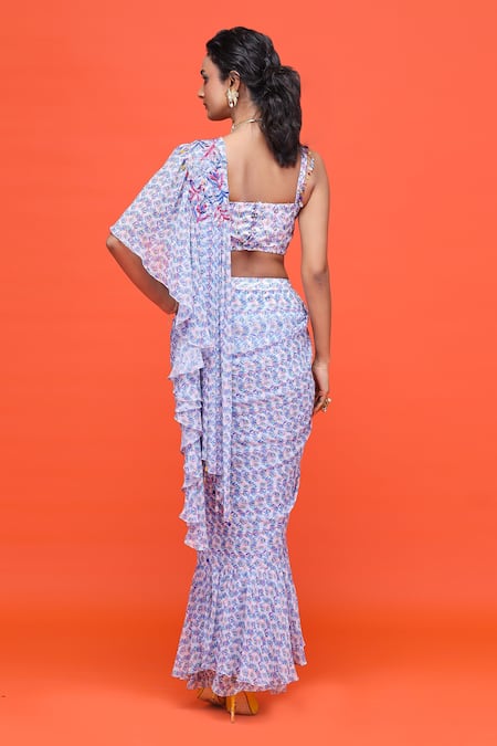 Raasa Multi Color Crepe, Georgette Floral Sweetheart Neck Pre-draped Saree With Blouse Online at Aza Fashions Raasa_Multi Color Crepe, Georgette Floral Sweetheart Neck Pre-draped Saree With Blouse _Online_at_Aza_Fashions