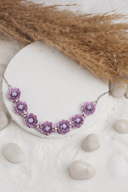 Shop Torque By Merge Purple Beads, Sequins Flower Design Choker Set at Aza Fashions Shop_Torque By Merge_Purple Beads, Sequins Flower Design Choker Set _at_Aza_Fashions