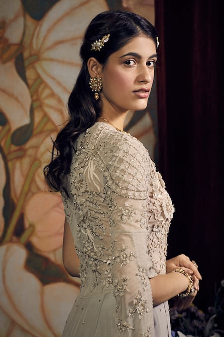 Shop_Sahil Kochhar_Grey Silk, Crepe Embroidery Round Neck Mayasaar Floral Jumpsuit _at_Aza_Fashions