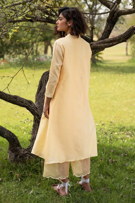 Shop_Zoon_Yellow , Chanderi, Organza, Cotton Aari Placket Anarkali Pant Set _at_Aza_Fashions
