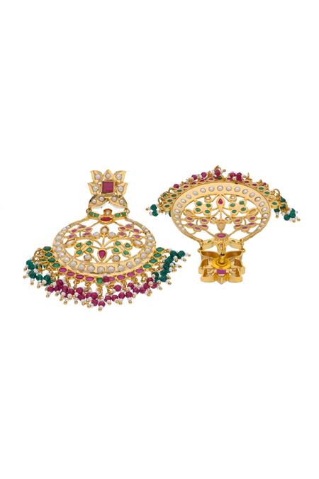 Shop Curio Cottage Multi Color Semi Precious Stones And Freshwater Pearl Floral Jadau Chandbalis at Aza Fashions Shop_Curio Cottage_Multi Color Semi Precious Stones And Freshwater Pearl Floral Jadau Chandbalis_at_Aza_Fashions