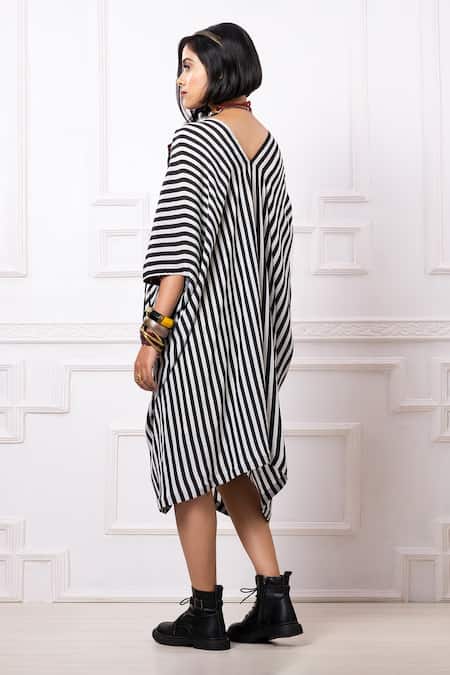 Shop Megha Garg Black Crepe V-neck Stripe Pattern Kaftan Dress at Aza Fashions Shop_Megha Garg_Black Crepe V-neck Stripe Pattern Kaftan Dress _at_Aza_Fashions