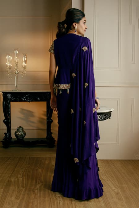 Nehha Nhata Asymmetric Embroidered Peplum Cape With Gharara 