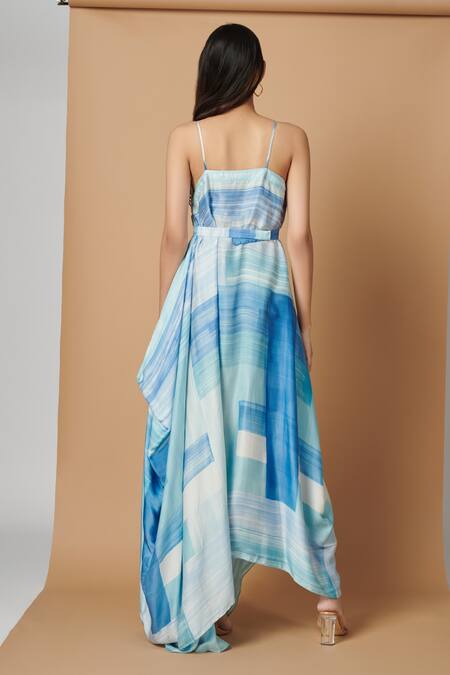 Shop Vedika M Blue Satin Abstract Pattern Square Neck Print Strappy Draped Dress at Aza Fashions Shop_Vedika M_Blue Satin Abstract Pattern Square Neck Print Strappy Draped Dress_at_Aza_Fashions