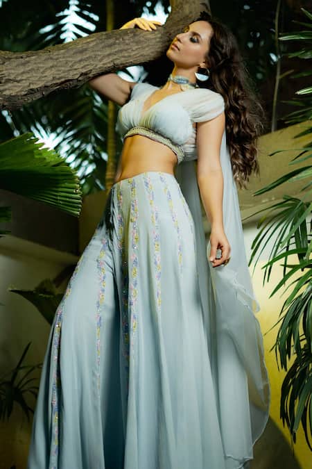 Shop_Richa Jaisinghani Label_Blue Georgette And Net Sequin & Bugle Beads V Ruched Blouse & Kalidar Palazzo Set _at_Aza_Fashions