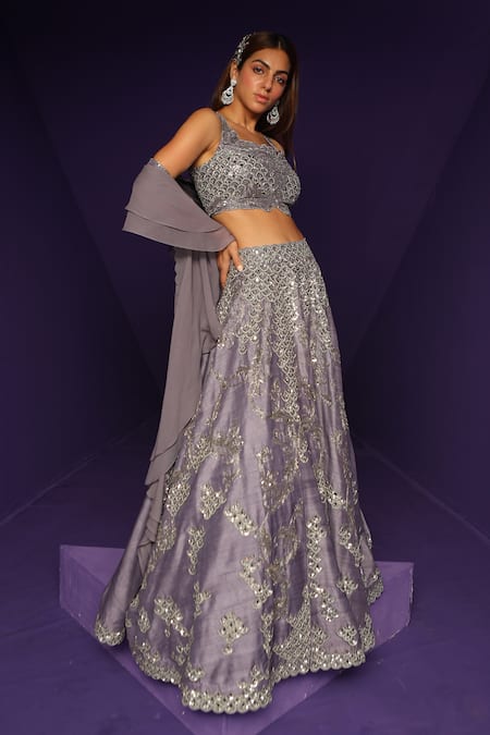 Shop_Rishi And Soujit_Purple Raw Silk And Georgette Embroidery Scallop Pattern Lehenga Set  _at_Aza_Fashions