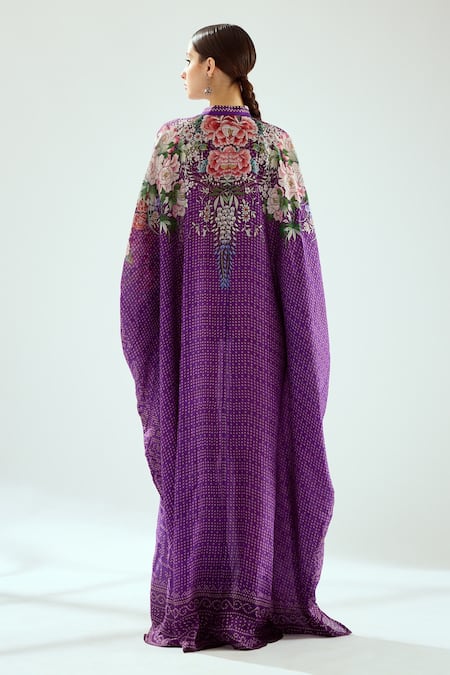 Shop_Rajdeep Ranawat_Purple Silk Beads Bandeau Neck Dakota Floral Pattern Kaftan _at_Aza_Fashions