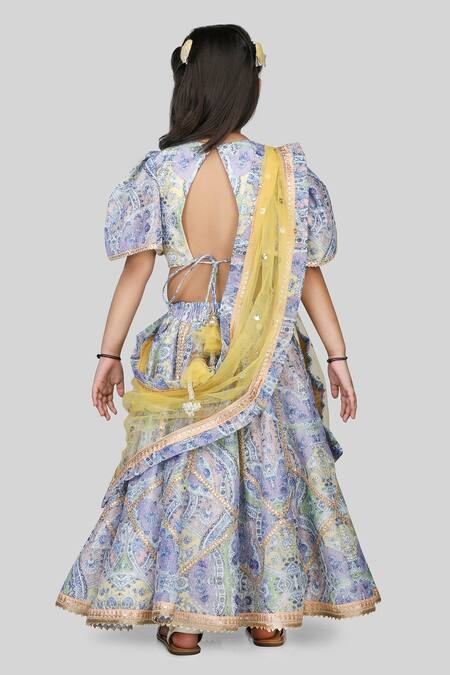 Shop Shining Kanika Blue Chanderi Print Floral Lehenga Set at Aza Fashions Shop_Shining Kanika_Blue Chanderi Print Floral Lehenga Set_at_Aza_Fashions