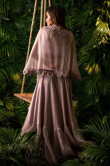 Shop Pallavi Poddar Purple Satin, Lycra, Organza Pearls Scallop Hem Sheer Cape And Tiered Skirt Set at Aza Fashions Shop_Pallavi Poddar_Purple Satin, Lycra, Organza Pearls Scallop Hem Sheer Cape And Tiered Skirt Set _at_Aza_Fashions
