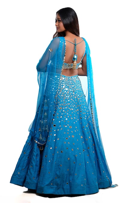 Shop Archana Kochhar Blue Georgette, Silk Pom-poms, Tassels, Mirrors V-neck Work Lehenga Set at Aza Fashions Shop_Archana Kochhar_Blue Georgette, Silk Pom-poms, Tassels, Mirrors V-neck Work Lehenga Set _at_Aza_Fashions