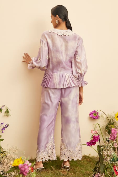 Shop Chandrima Purple Chanderi Embroidery Collared Butterfly Cut Work Shirt at Aza Fashions Shop_Chandrima_Purple Chanderi Embroidery Collared Butterfly Cut Work Shirt _at_Aza_Fashions