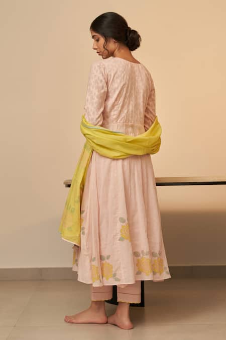 Shop Label Mansi Nagdev Pink Cotton, Muslin Embroidery, Tassels Neeva Placement Block Print Anarkali Set at Aza Fashions Shop_Label Mansi Nagdev_Pink Cotton, Muslin Embroidery, Tassels Neeva Placement Block Print Anarkali Set _at_Aza_Fashions