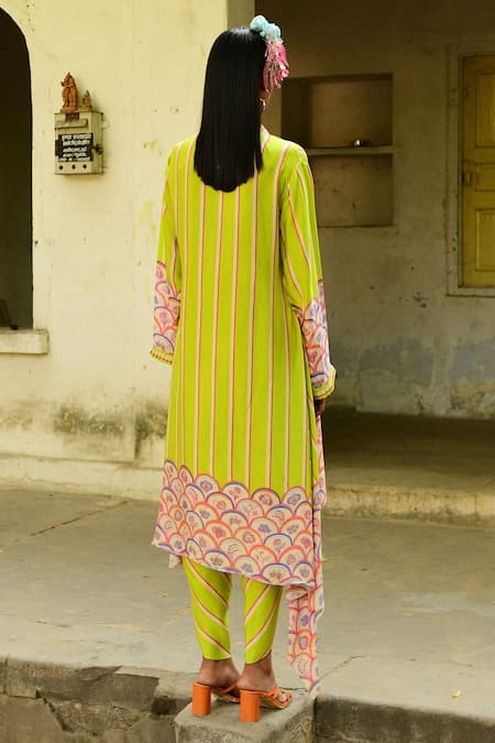 Shop_Swati Vijaivargie_Green Silk Striped Pattern Round Tunic And Dhoti Pant Set _at_Aza_Fashions