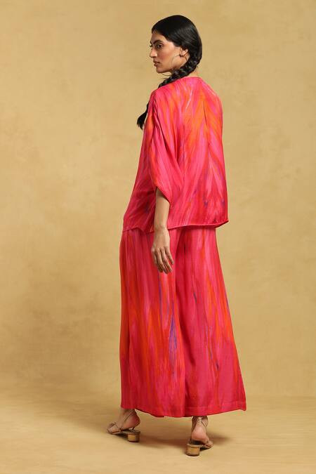Shop_Ritu Kumar_Pink Denim Scoop , Round Abstract Streak Printed Shrug And Palazzo Set _at_Aza_Fashions