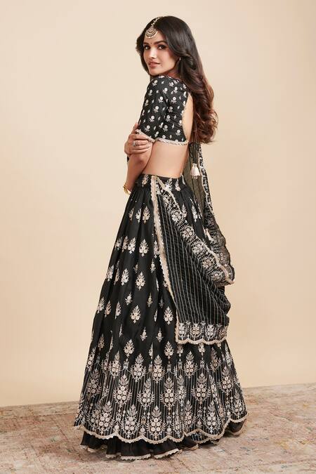 Shop Mulmul Black Vegan Silk Embroidery Zari Gota Patti And Sequin Work Lehenga Set at Aza Fashions Shop_Mulmul_Black Vegan Silk Embroidery Zari Gota Patti And Sequin Work Lehenga Set _at_Aza_Fashions