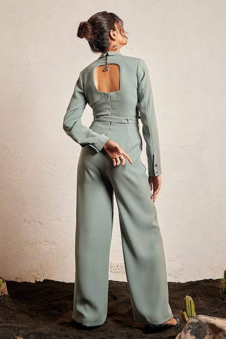 Shop Pocket Stories Black Microfiber Collared Criss Cross Front Cutout Jumpsuit at Aza Fashions Shop_Pocket Stories_Black Microfiber Collared Criss Cross Front Cutout Jumpsuit _at_Aza_Fashions