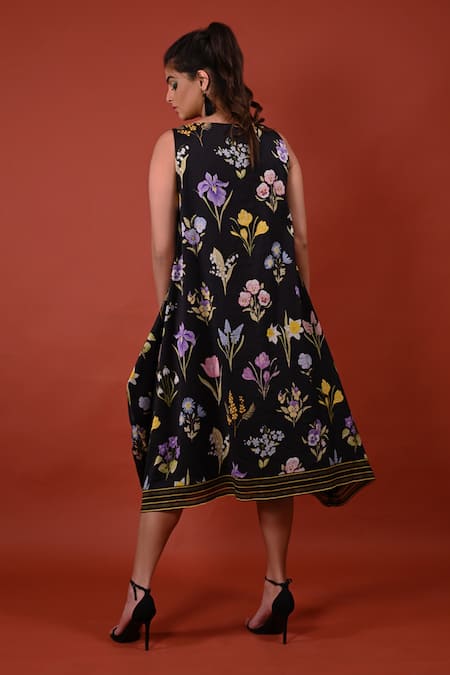 Shop_Rimi Nayak_Black Chanderi, Cotton, Silk Embroidery Assorted Floral Print Asymmetric Dress _at_Aza_Fashions