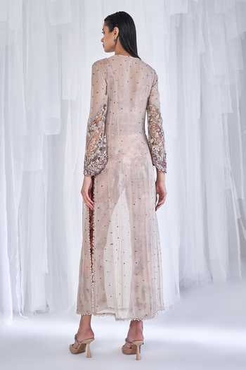 Shop Dolly J Ivory Chiffon Embroidery, Zari V-neck Ariana Kamdani Kurta And Pant Set at Aza Fashions Shop_Dolly J_Ivory Chiffon Embroidery, Zari V-neck Ariana Kamdani Kurta And Pant Set _at_Aza_Fashions