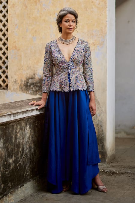 Mrunalini Rao Blue Silk Embroidery V-, Plunge Peplum Jacket Pant Set Online at Aza Fashions Mrunalini Rao_Blue Silk Embroidery V-, Plunge Peplum Jacket Pant Set _Online_at_Aza_Fashions