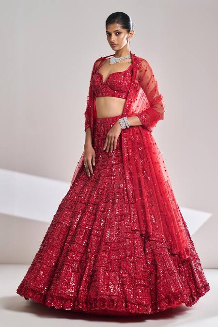 Shop Seema Gujral Red Net Sequins Notched Embroidered Bridal Lehenga Set at Aza Fashions Shop_Seema Gujral_Red Net Sequins Notched Embroidered Bridal Lehenga Set_at_Aza_Fashions