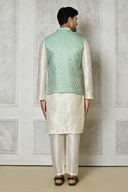 Shop_Samyukta Singhania_Green Jacquard, Silk Woven Floral Motif Bundi_at_Aza_Fashions