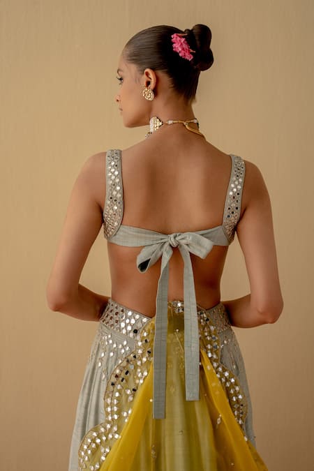 Mint Blush Mirror Embroidered Blouse Lehenga Set 