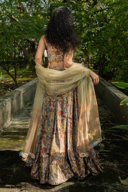 Shop_Amrin Khan_Green Modal Satin And Organza Print & Embroidery Kalamkari & Thread Lehenga Set _at_Aza_Fashions